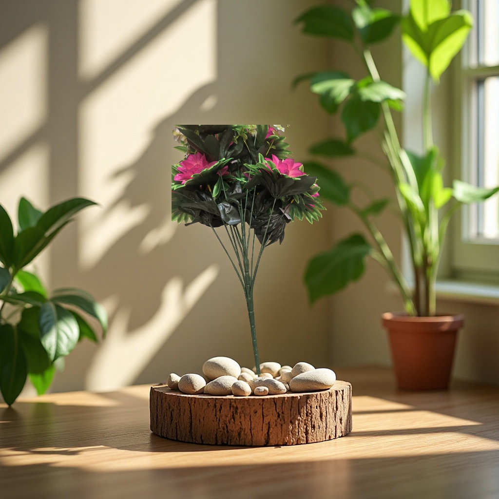Potted plants are placed on wooden display stands, surrounded by pebbles and green leaves. Natural light spills in, creating soft colors and a warm and comfortable atmosphere. The high-definition picture quality fully showcases vitality. details Picture