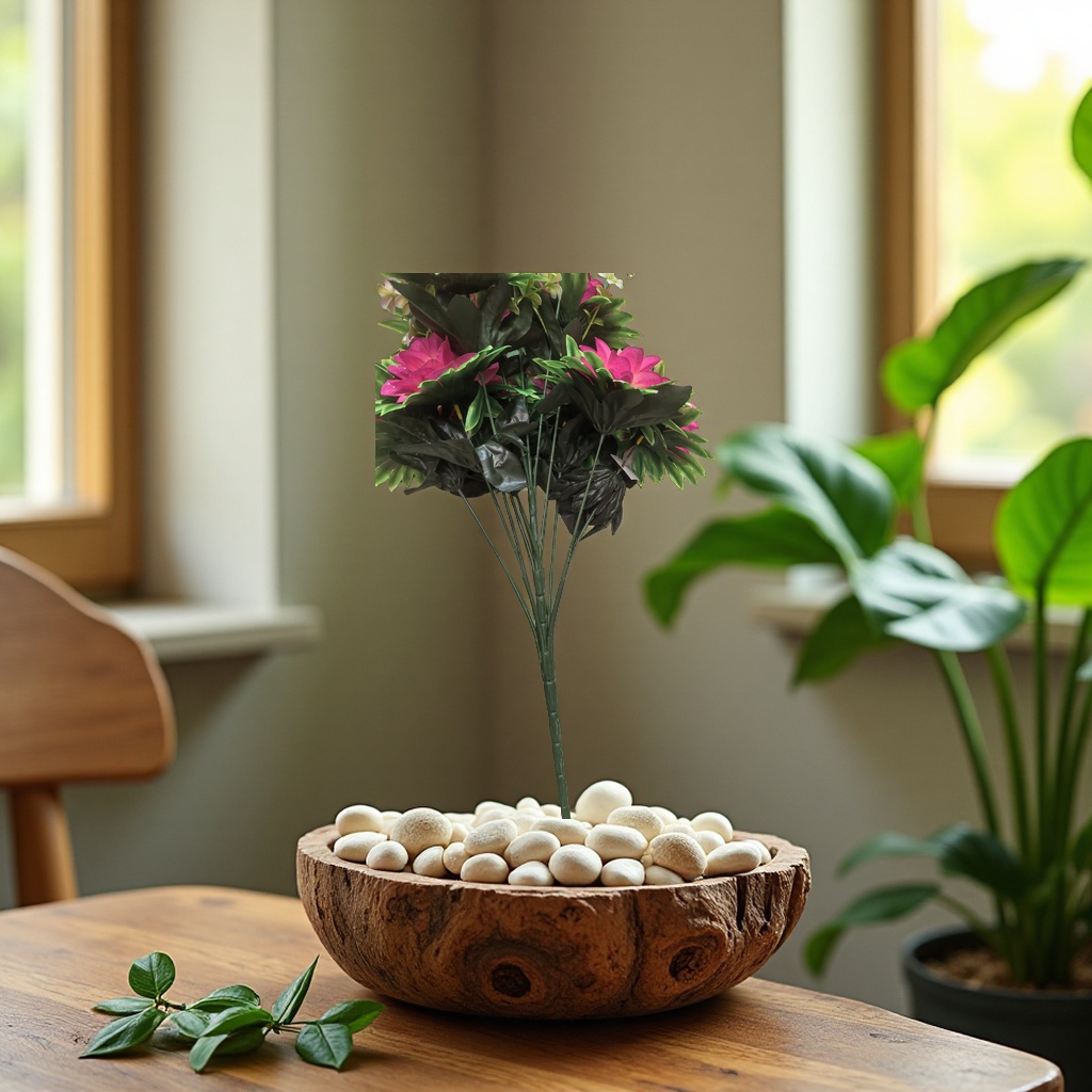 Potted plants are placed on wooden display stands, surrounded by pebbles and green leaves. Natural light spills in, creating soft colors and a warm and comfortable atmosphere. The high-definition picture quality fully showcases vitality. Specification image