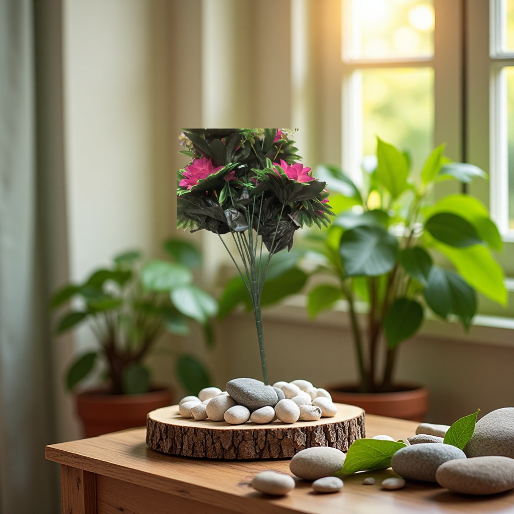 Potted plants are placed on wooden display stands, surrounded by pebbles and green leaves. Natural light spills in, creating soft colors and a warm and comfortable atmosphere. The high-definition picture quality fully showcases vitality. Application Scenario