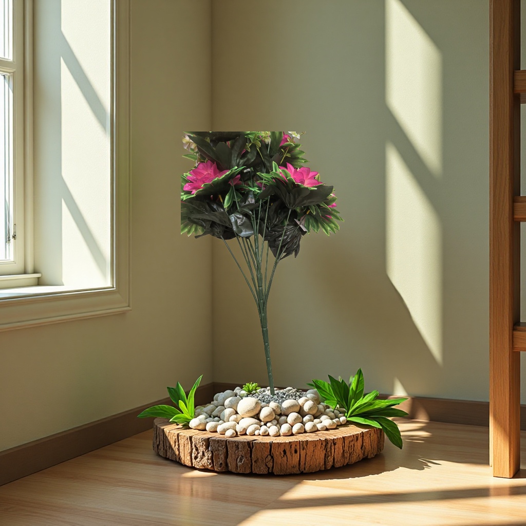 Potted plants are placed on wooden display stands, surrounded by pebbles and green leaves. Natural light spills in, creating soft colors and a warm and comfortable atmosphere. The high-definition picture quality fully showcases vitality.