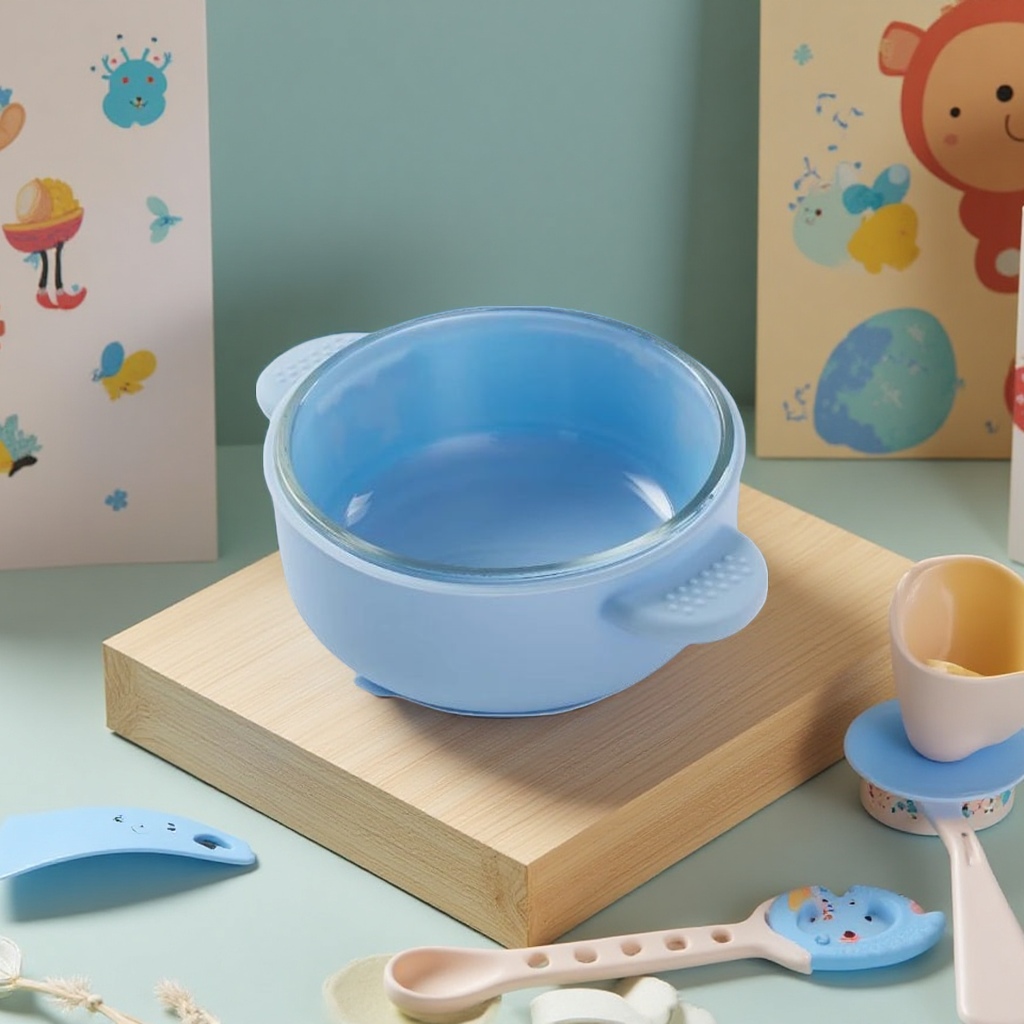 kalar Baby complementary food Bowl and spoon Set, Cartoon cute baby tableware two-piece set, made of glass Item Picture