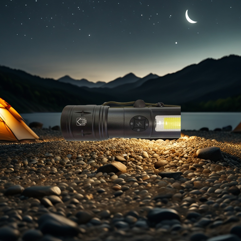 New cross-border multi-functional flashlight, outdoor portable rechargeable flashlight, dual-source zoom electric display flashlight details Picture