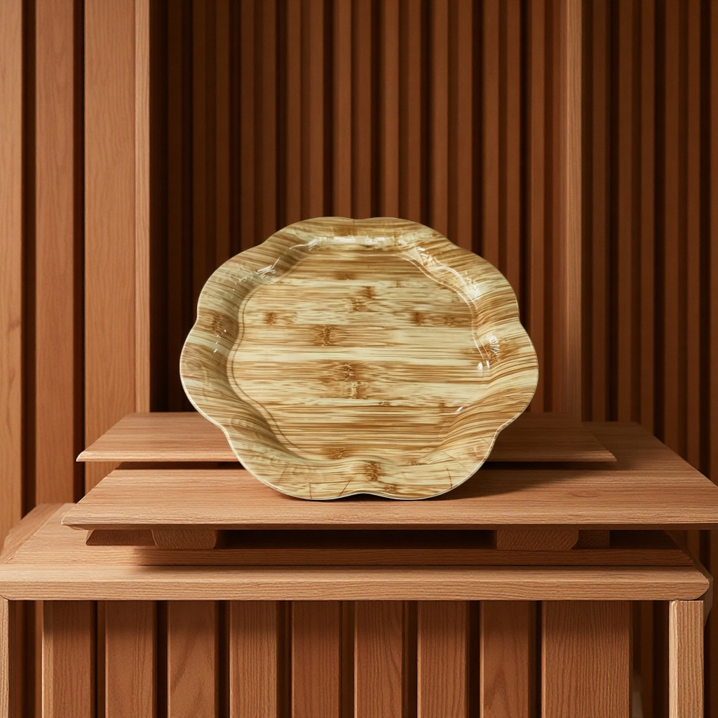 Wholesale and customization of melamine flower-shaped wood-grain hotel commercial plates, serving plates and bread plates details Picture