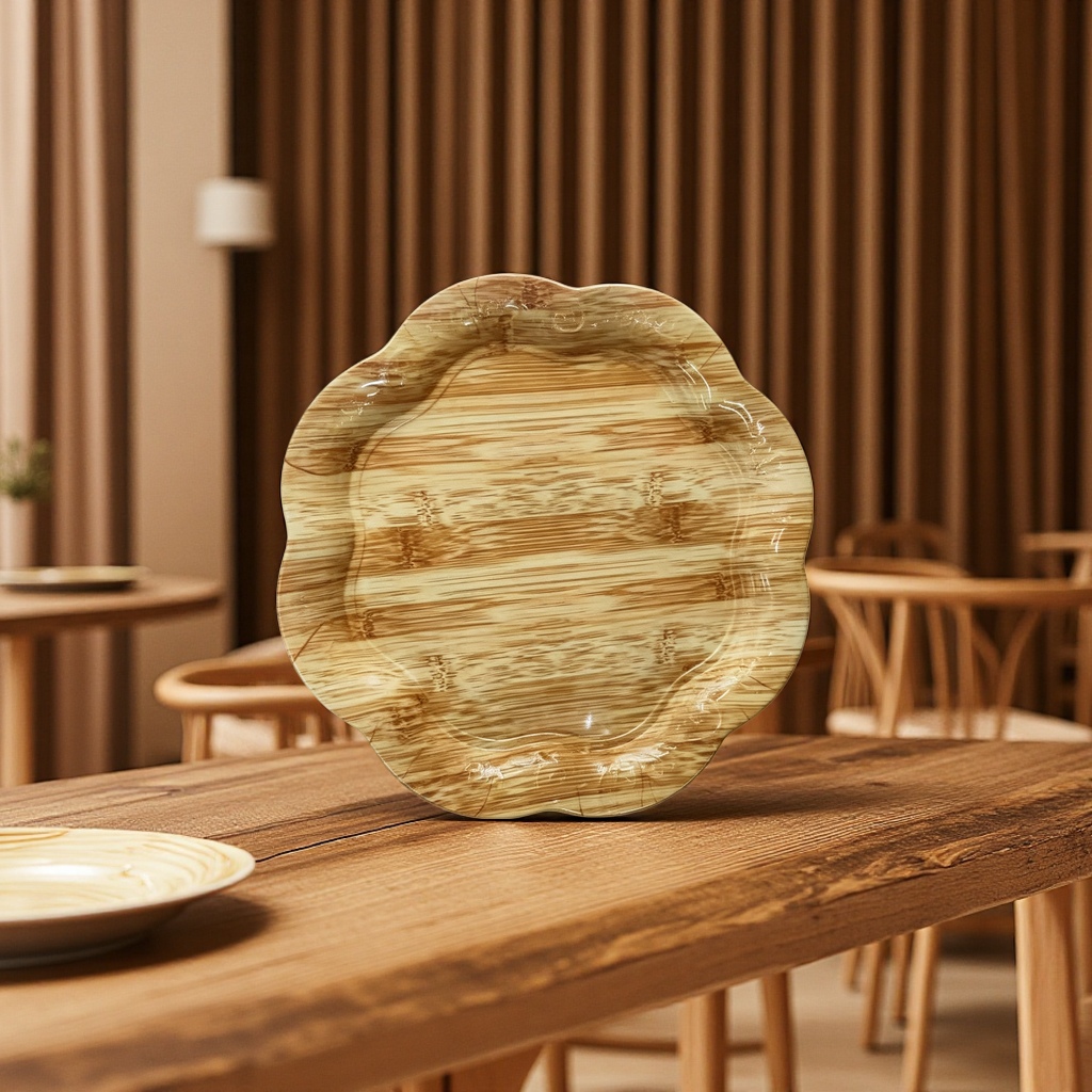 Wholesale and customization of melamine flower-shaped wood-grain hotel commercial plates, serving plates and bread plates Application Scenario