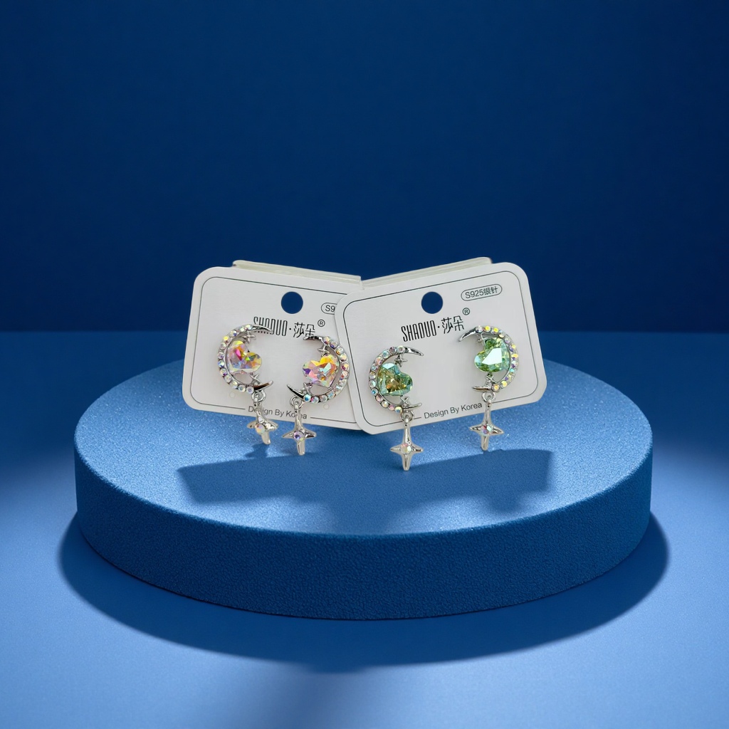 S925 Silver Needle Moon Heart Earrings for Women, Austrian crystal pure silver stud earrings, stylish and versatile new style Specification image