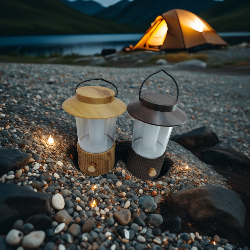 新款三色光源变光露营灯带充电桃木原木外壳露营灯户外家用应急露营灯