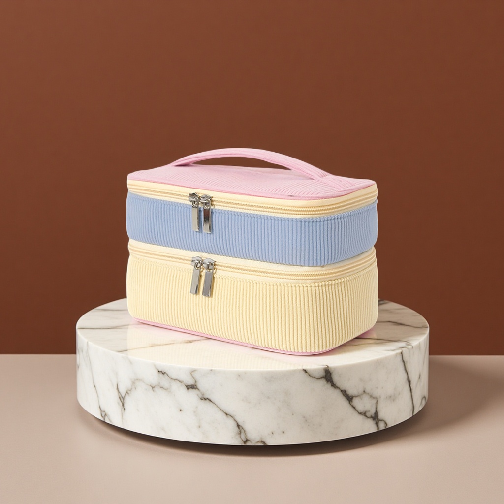 Corduroy double-layer hand-held makeup bag, portable large-capacity makeup storage bag, built-in makeup brush, independent compartment, travel skin care products, separate storage, toiletries bag, macaron girls' beauty bag details Picture