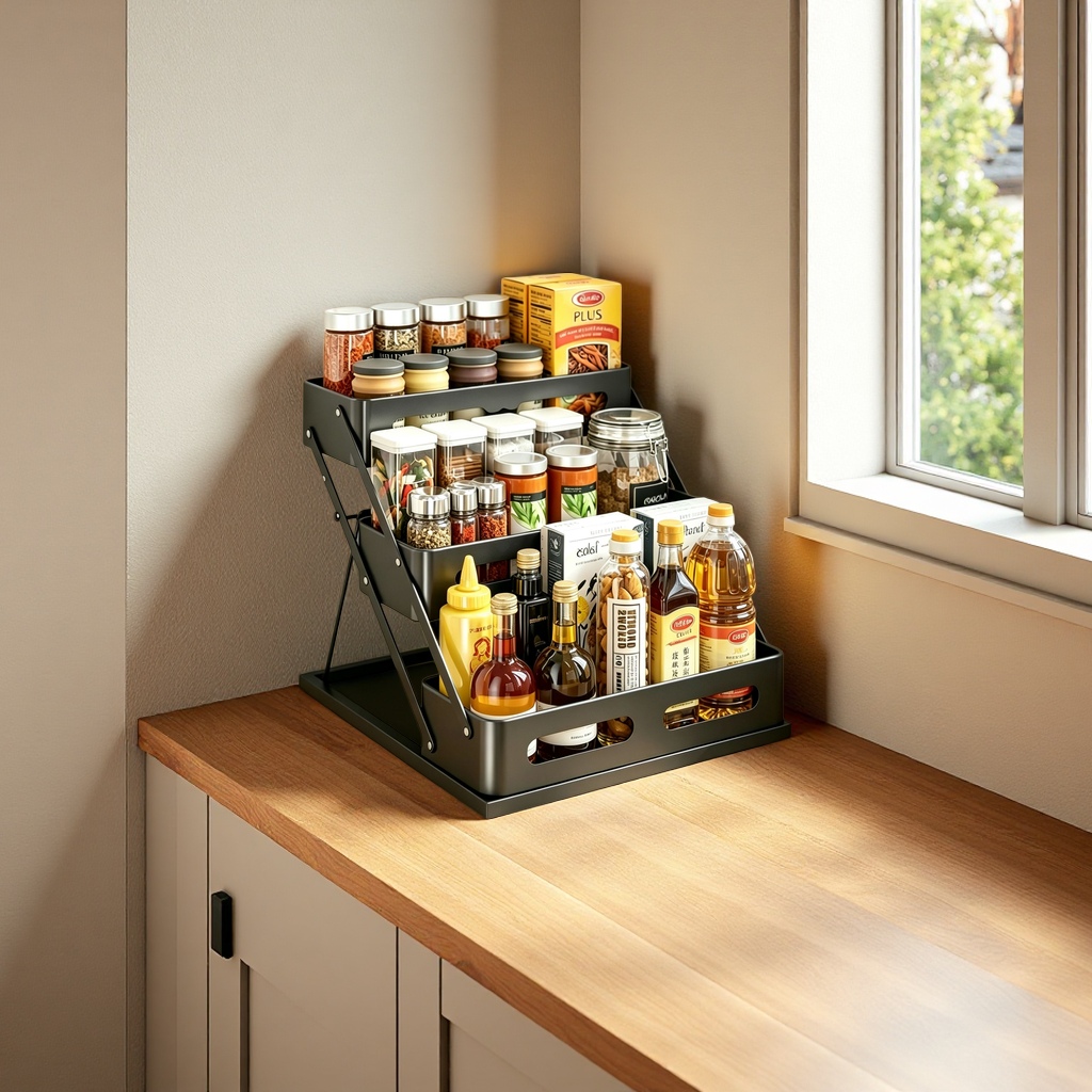 Multi-layer foldable seasoning rack, kitchen storage rack, seasoning bottle, kitchen countertop organizing supplies, multi-functional household goods