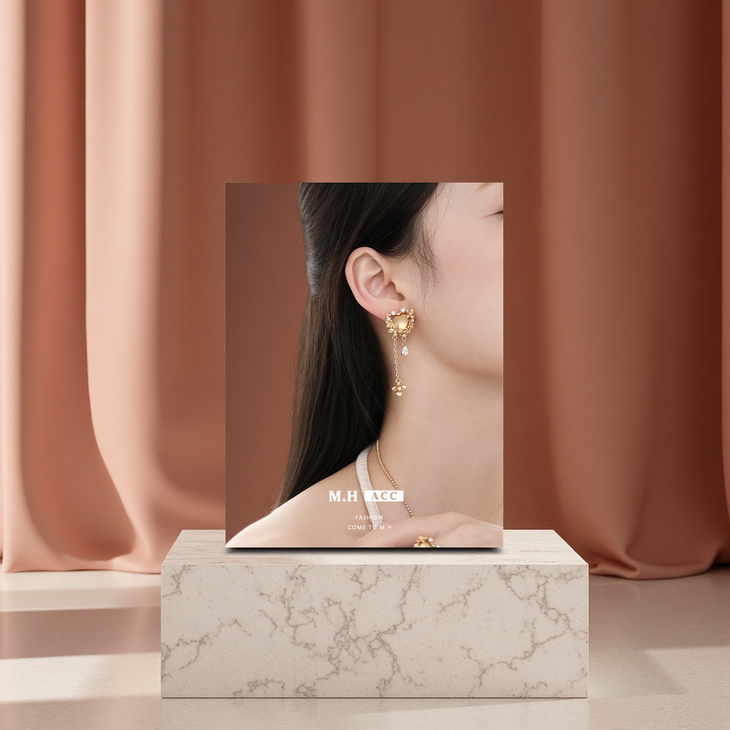 Gilded heart-shaped flower design earrings, high-end women's 925 silver needle, fashionable and versatile, exquisite accessory set Specification image