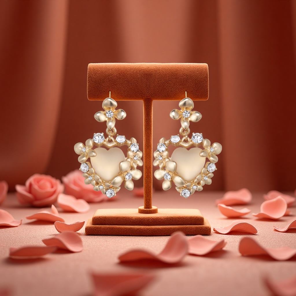 Gilded heart-shaped flower design earrings, high-end women's 925 silver needle, fashionable and versatile, exquisite accessory set Item Picture