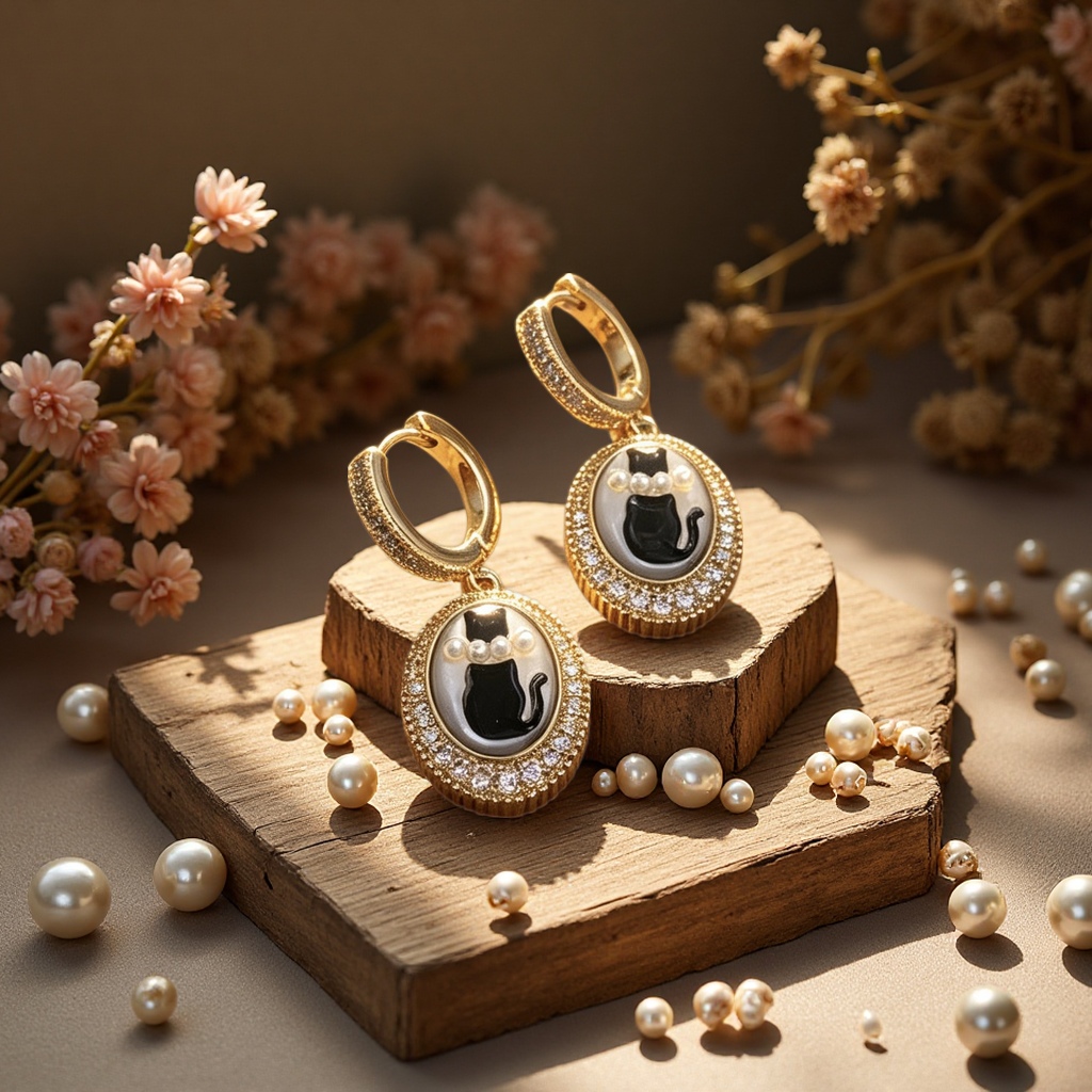Wholesale vintage French cat pendant ear buckles set with zirconium pearl oval light luxury mid-style earrings