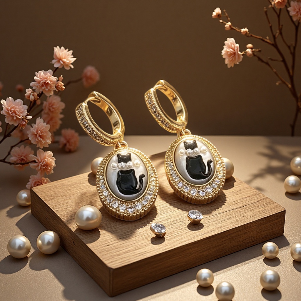 Wholesale vintage French cat pendant ear buckles set with zirconium pearl oval light luxury mid-style earrings details Picture