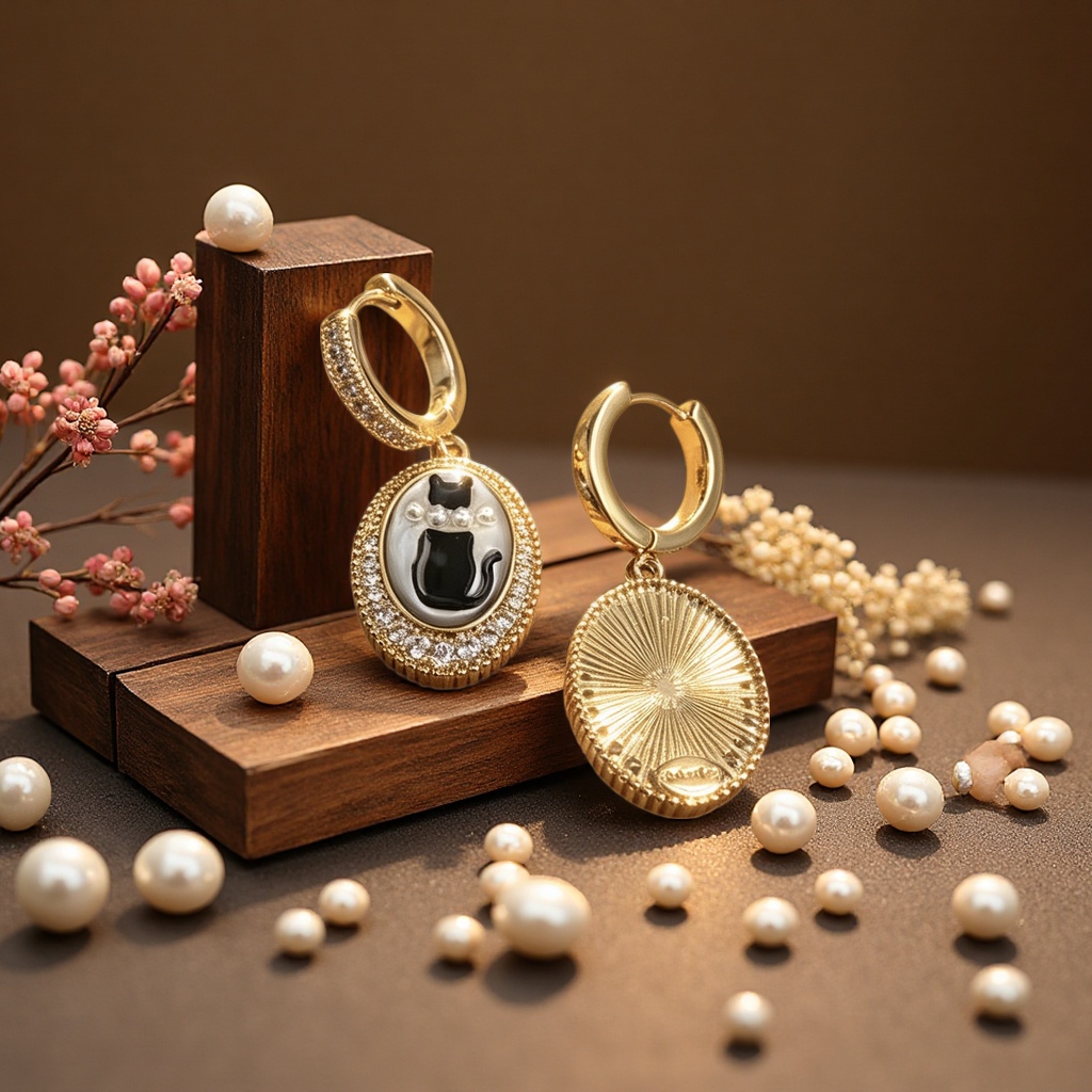 Wholesale vintage French cat pendant ear buckles set with zirconium pearl oval light luxury mid-style earrings Specification image