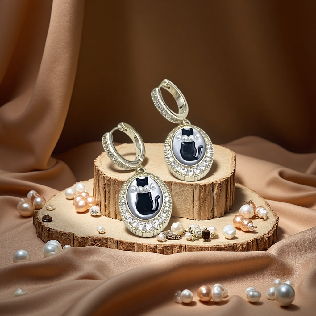 Wholesale vintage French cat pendant ear buckles set with zirconium pearl oval light luxury mid-style earrings Item Picture