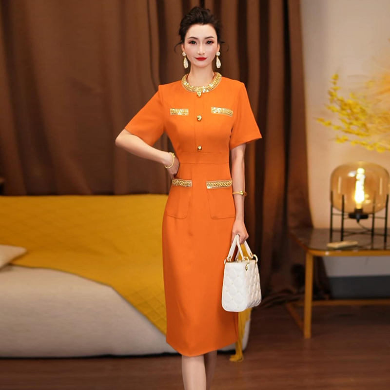 橙色连衣裙短袖圆领气质通勤高级感重工显瘦修身包臀裙显瘦一步裙