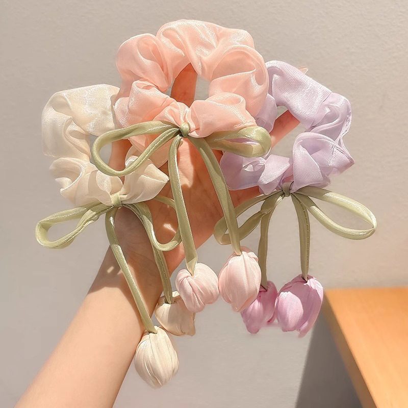 Spring girls' tulip flower bow tassel large intestine circle sweet and stylish, micro-light hair band accessory headwear Specification image