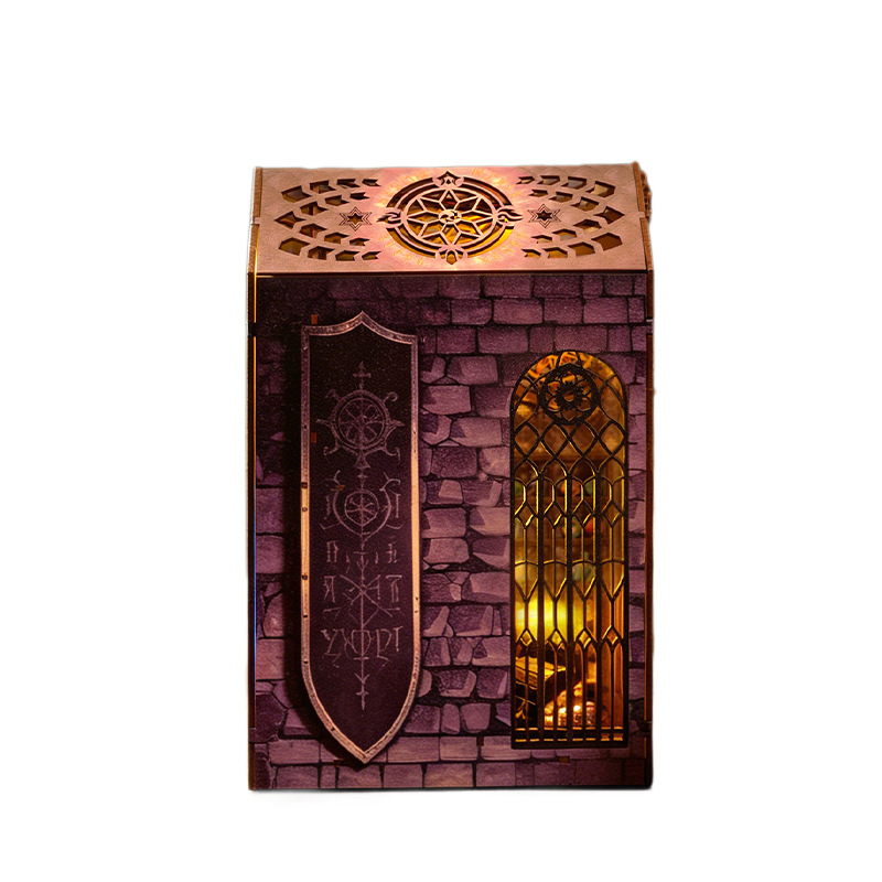 DIY miniature wooden bookstand with light-sensing magic scene display for the Home of the Sorcerer Item Picture