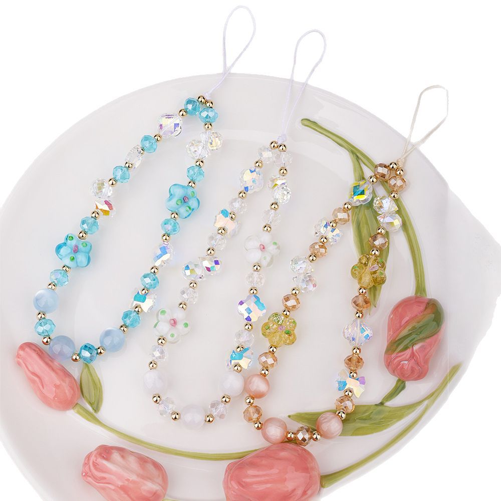 New cherry blossom woven beaded mobile phone chain pendant, mountain cherry blossom Moon crystal Flower Girl heart bag pendant, CCD wrist chain Item Picture