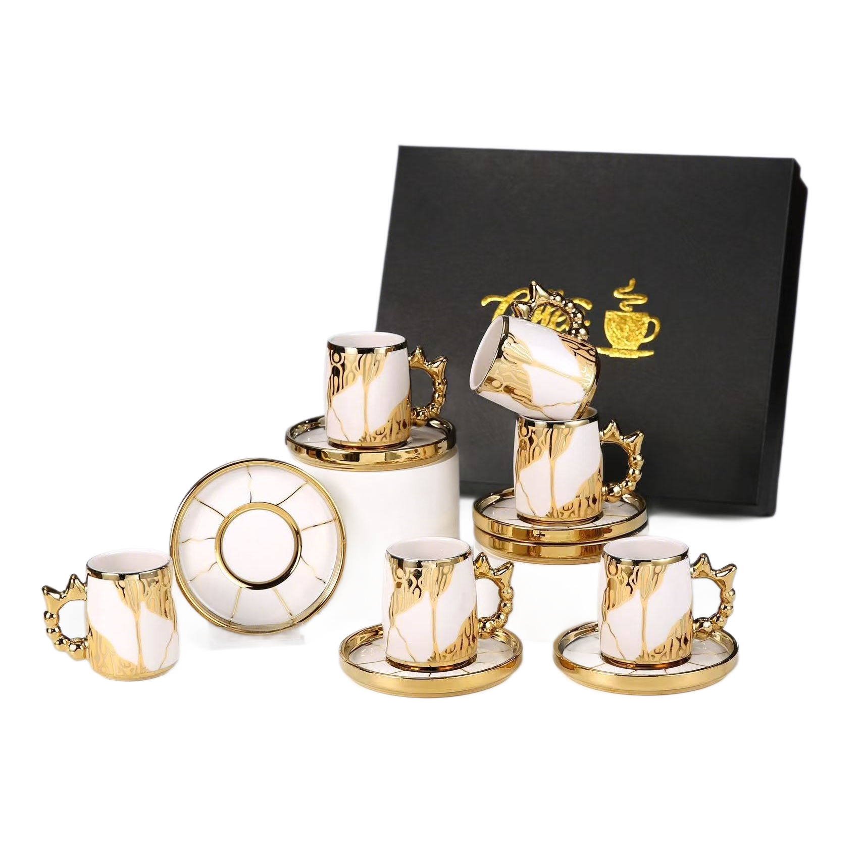 Cross-border hot gold-embossed European-style afternoon tea cup and saucer set, 6 cups and 6 saucers, home ceramic coffee cups, red tea cups Application Scenario