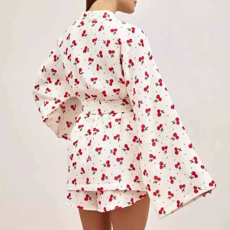 European and American style women's cross-border home two-piece set, cherry top, shorts, all-season bathrobes, pajamas and home textile set Specification image