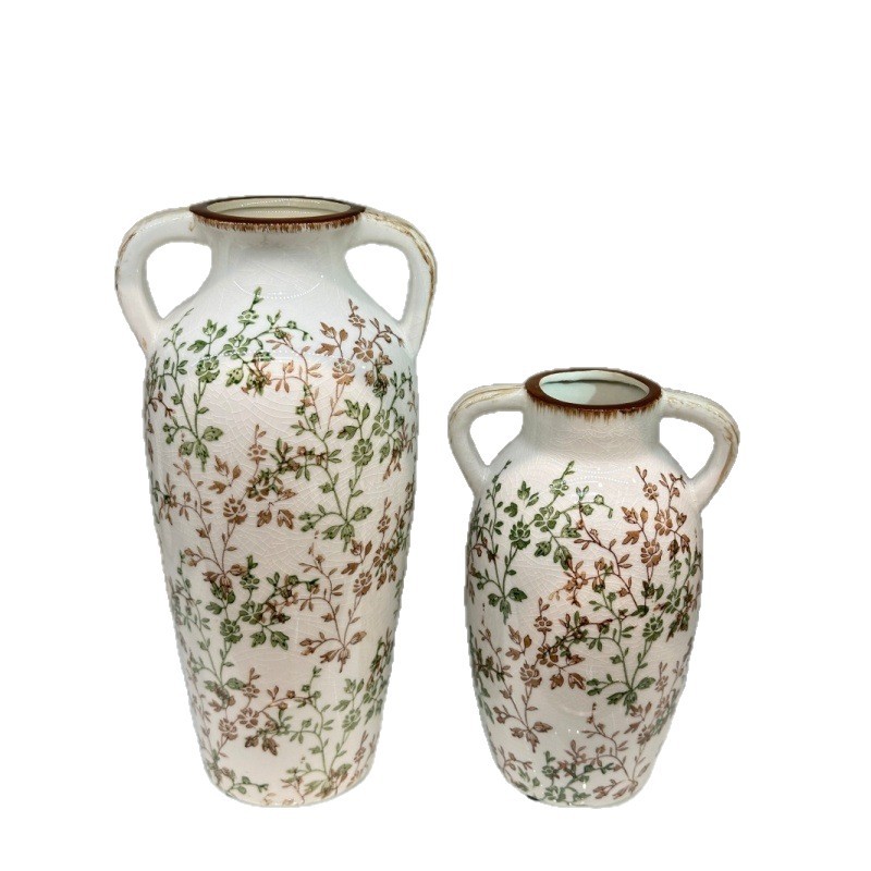A fresh and elegant country-style retro ceramic ice-crack vase for living room decoration, artistic water-grown fresh flowers Item Picture
