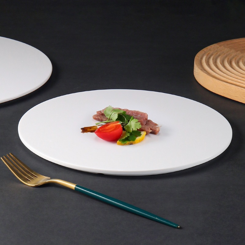 Creative white round steak plate, commercial flat plate, dessert cake, Western melamine tableware plate full image