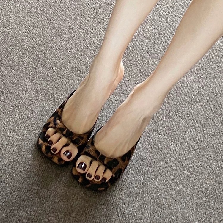 Leopard print high heels for women's summer, new style, slender heels, exposed toes, bow, sexy to pair with skirts, fashionable flip-flops, women's single shoes Specification image