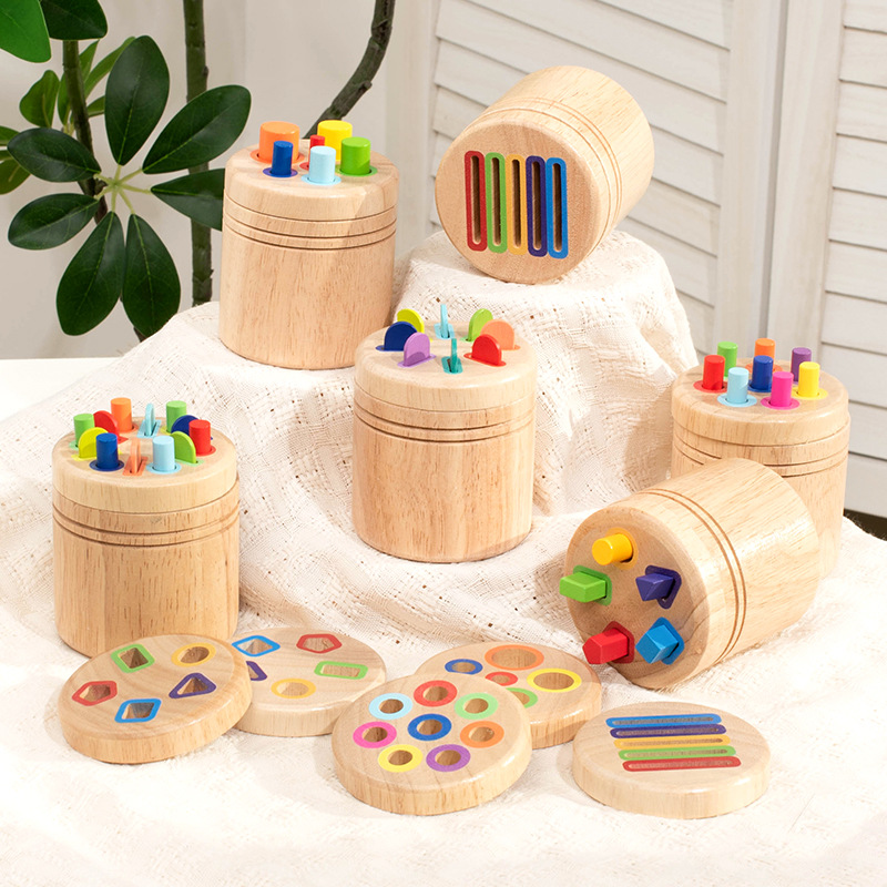 Solid wood color classification cylinder, children's shape recognition matching educational toy, enlightenment science education building block toy details Picture