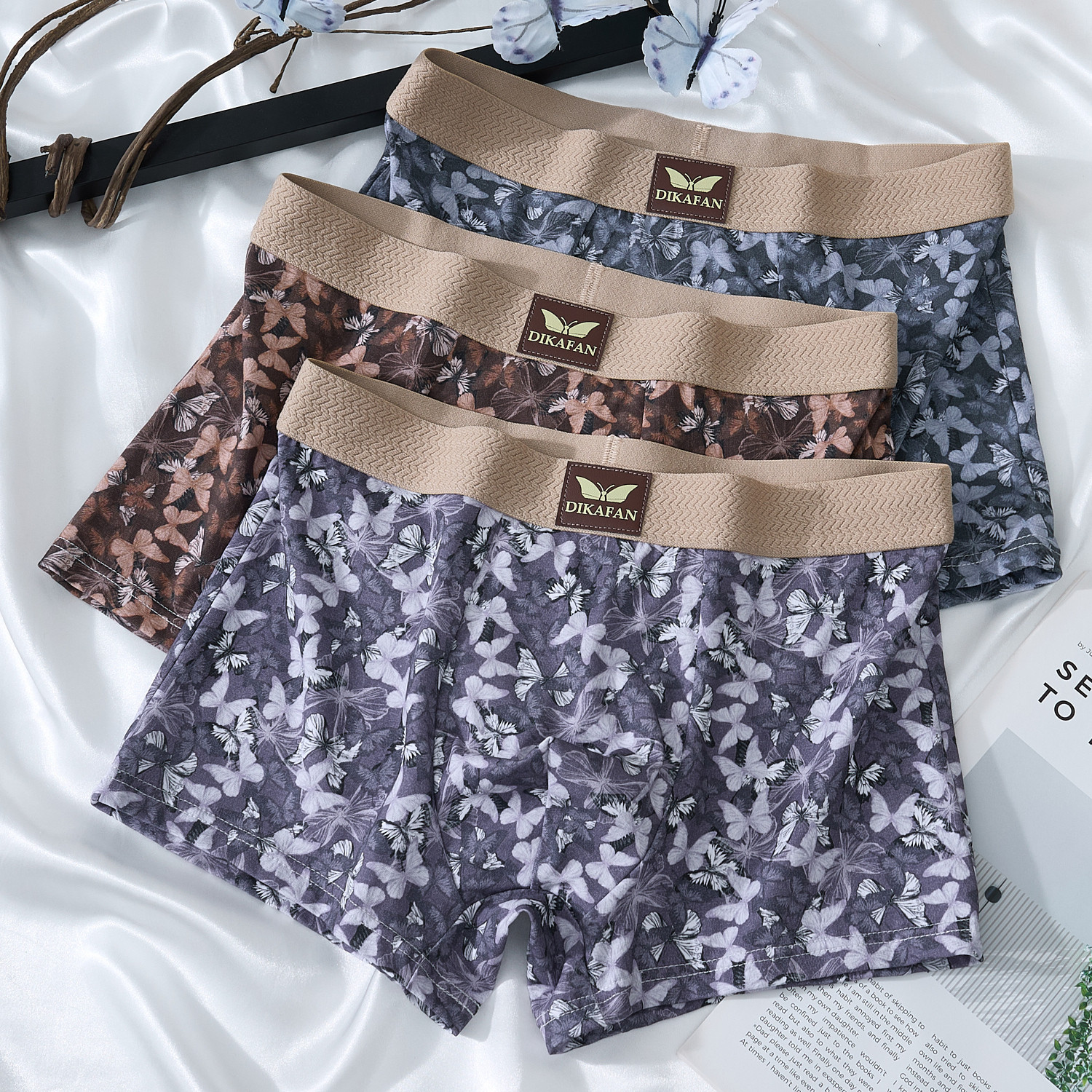 新款中式蝴蝶花男士平角内裤舒适透气复古个性男潮工厂代发内衣男士三角裤