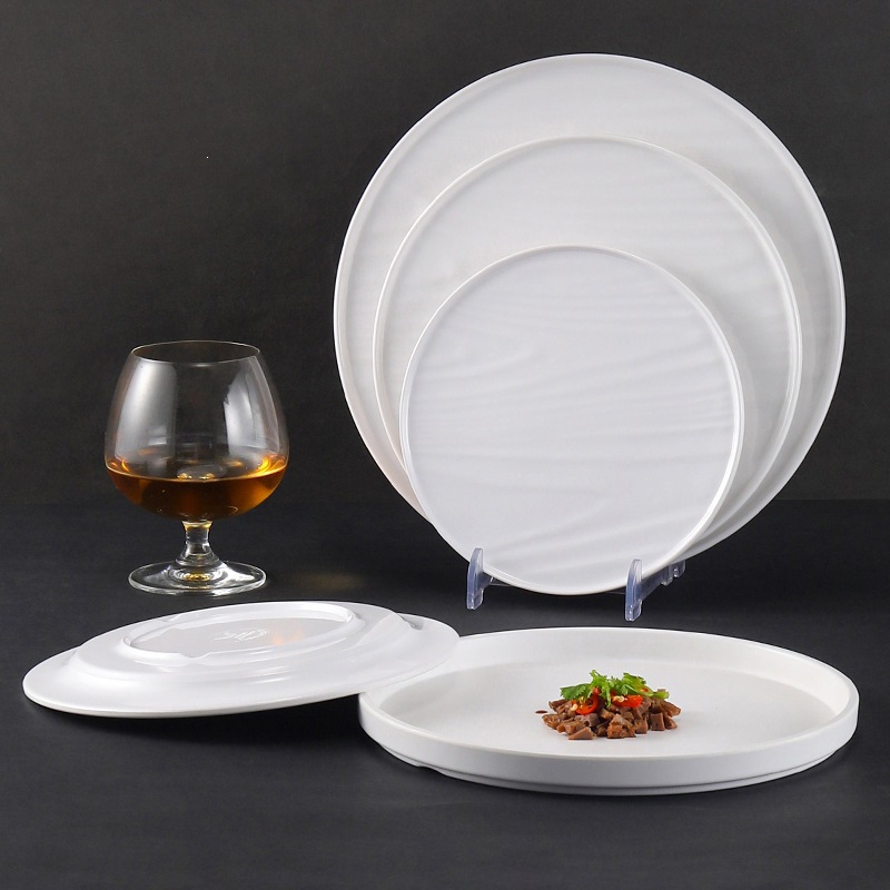 Creative white round steak plate, commercial flat plate, dessert cake, Western melamine tableware plate details Picture