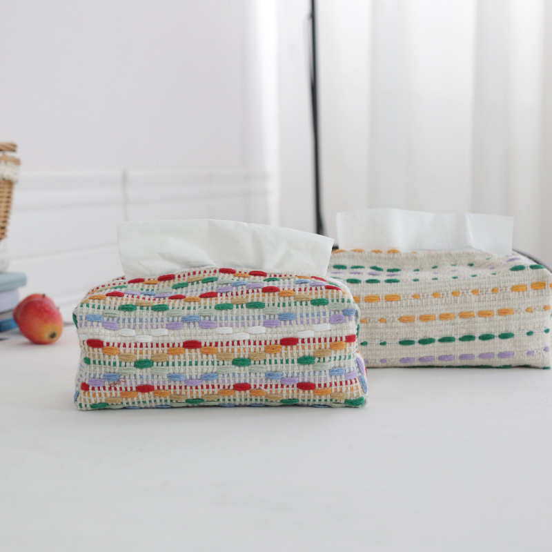 美作元素彩色线条北欧复古编织布艺纸巾盒客厅收纳防尘纸巾抽卷纸器
