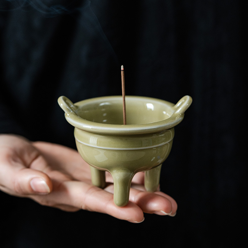 Wood ash three-legged double-ear incense burner, small ceramic incense holder, home retro incense base, indoor creative aroma diffuser, single burner, handicraft gift details Picture