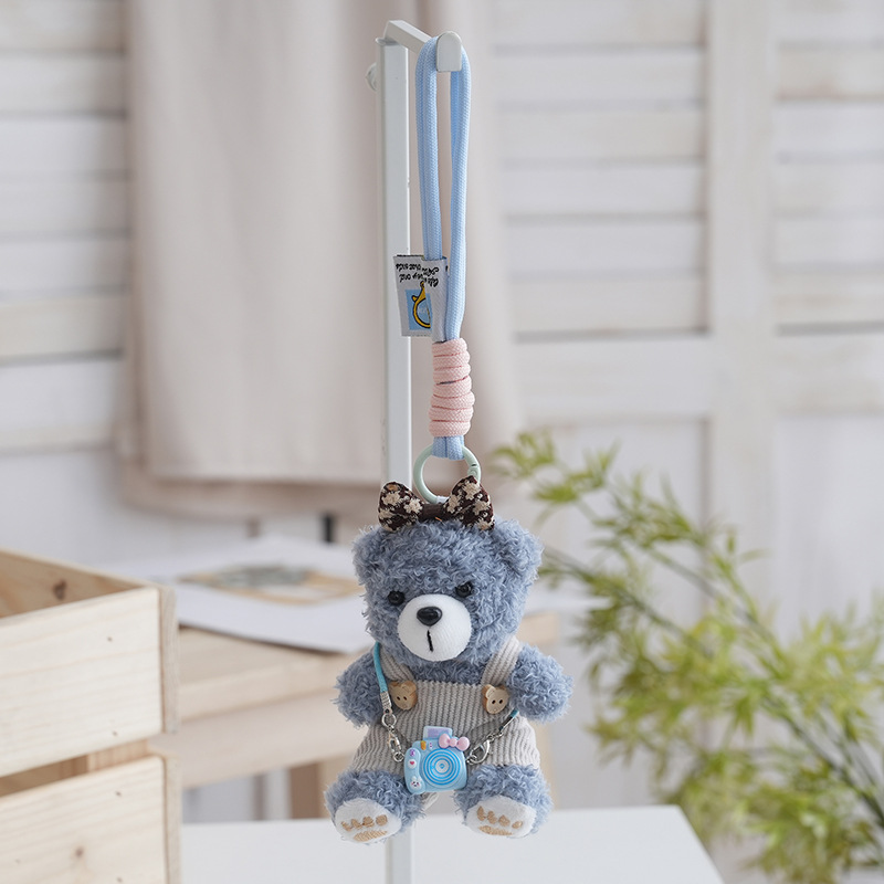 Cute internet-famous overalls, camera, teddy bear, plush toy, hanging ornament, cartoon costume, fabric doll, toy bag decoration Specification image