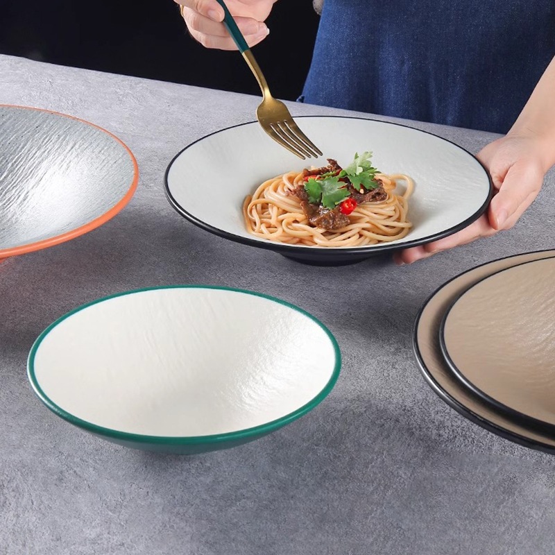 Melamine plastic shallow-mouthed tableware with a variety of heat-resistant and shock-resistant options for salad soup noodle bowls made of imitation porcelain full image