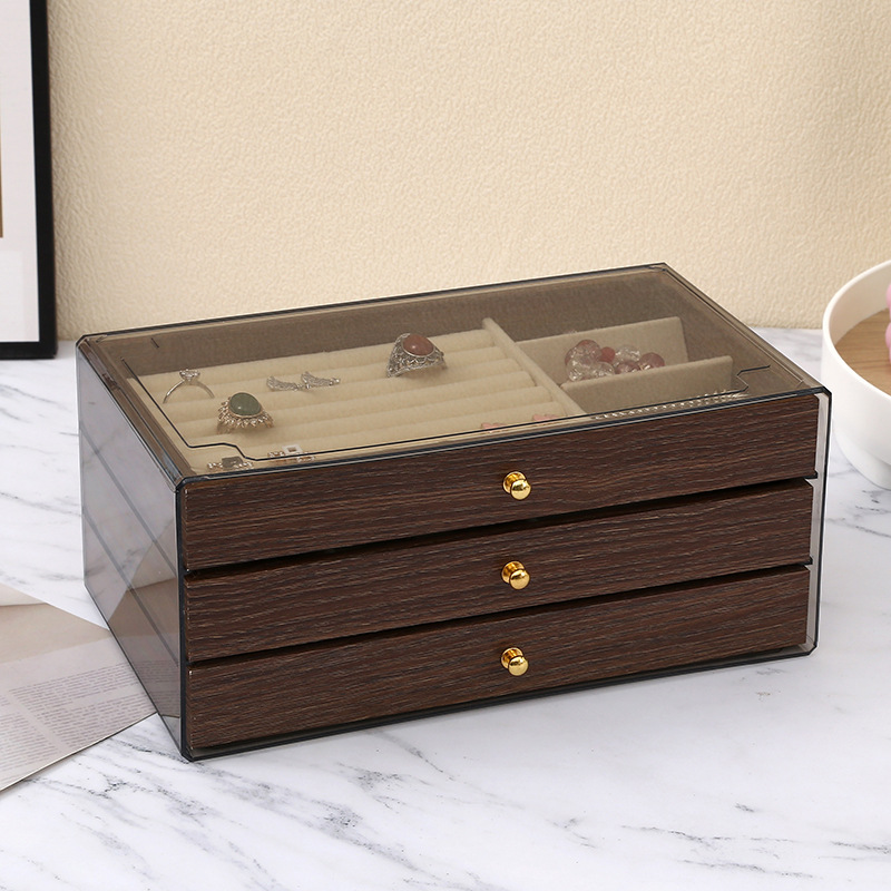 Walnut wood grain solid wood three-in-one jewelry box, drawer-type multi-functional dust-proof and moisture-proof retro storage box, jewelry organization bag box, cardstock