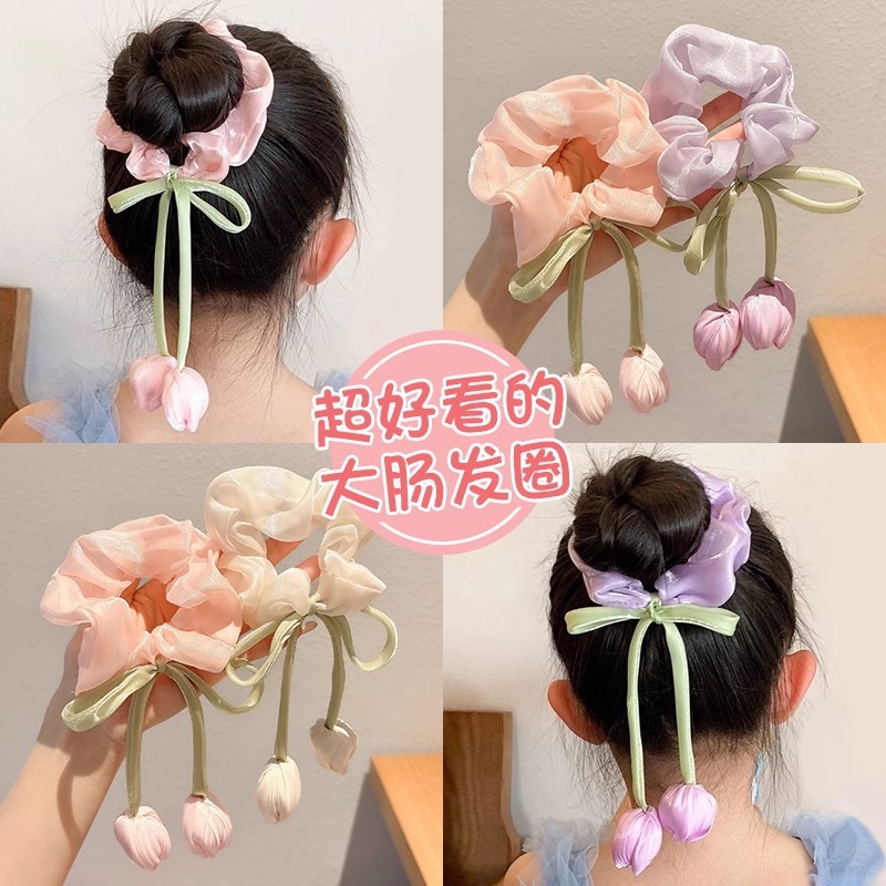 Spring girls' tulip flower bow tassel large intestine circle sweet and stylish, micro-light hair band accessory headwear