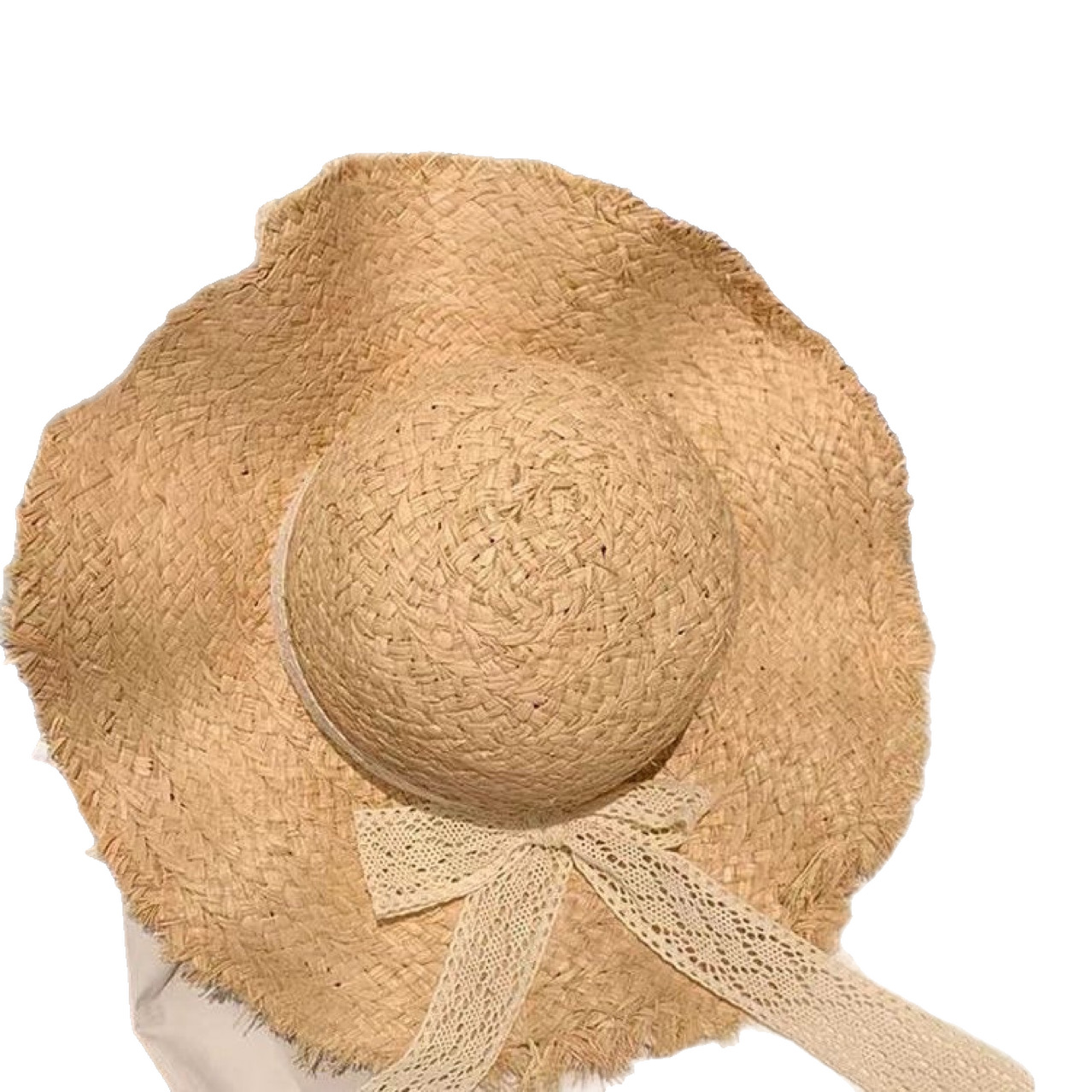 French lace-trimmed bow straw hat, summer seaside vacation beach woven sun hat, sun-protective hat, adult hat Item Picture
