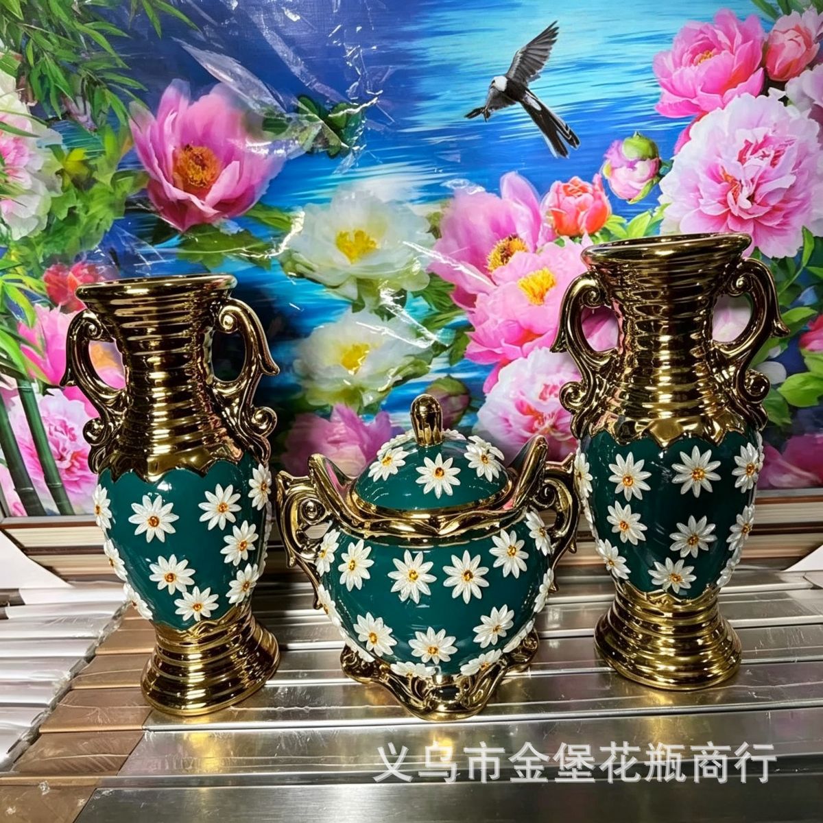 美式电镀金陶瓷花瓶套装 立体贴花镶钻装饰罐 酒店样板房软装摆件 Specification image