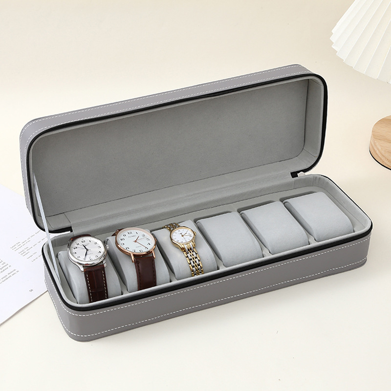 New black portable watch storage box with zipper flip cover design, 6-position PU leather jewelry display box, daily necessities storage dust-proof jewelry rack, jewelry bag details Picture