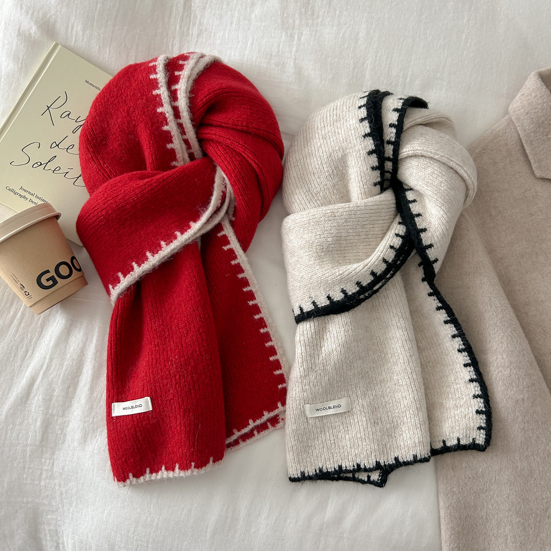 Wool blend chanel-style lockstitch scarf, a versatile and warm knitted scarf for women in autumn and winter, wholesale quality style details Picture