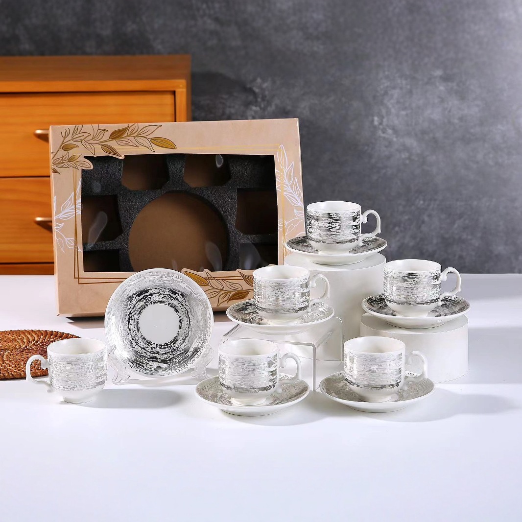 Retro rough pottery export cup and plate set, creative afternoon tea and coffee gift box, six-piece breakfast cup