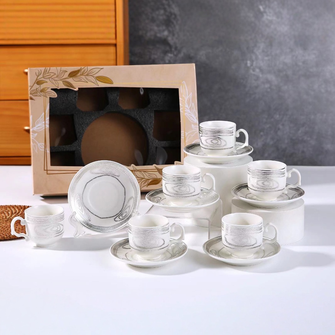 Retro rough pottery export cup and plate set, creative afternoon tea and coffee gift box, six-piece breakfast cup details Picture