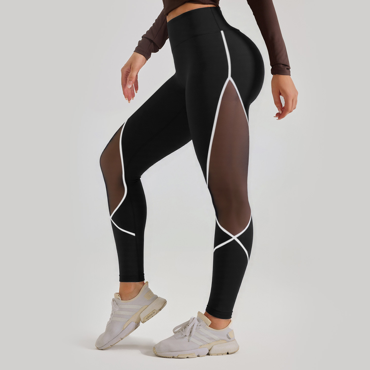 Cross-border European and American high-waisted color-blocking mesh yoga pants, women's hip-lifting running sports pants