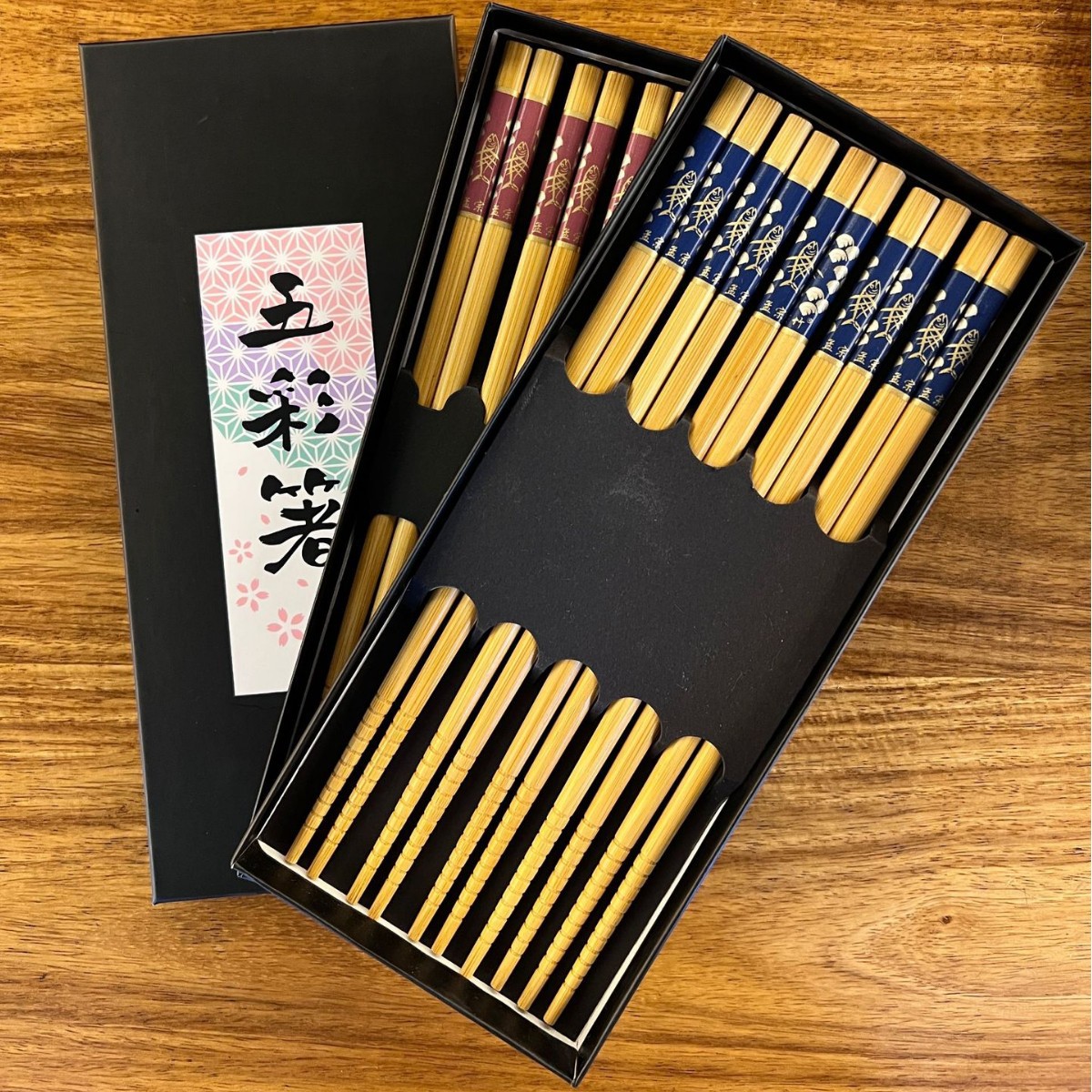Japanese-style and Chinese-style bamboo chopsticks, red and blue fish printed tableware, five pairs set, home, restaurant, daily necessities Item Picture