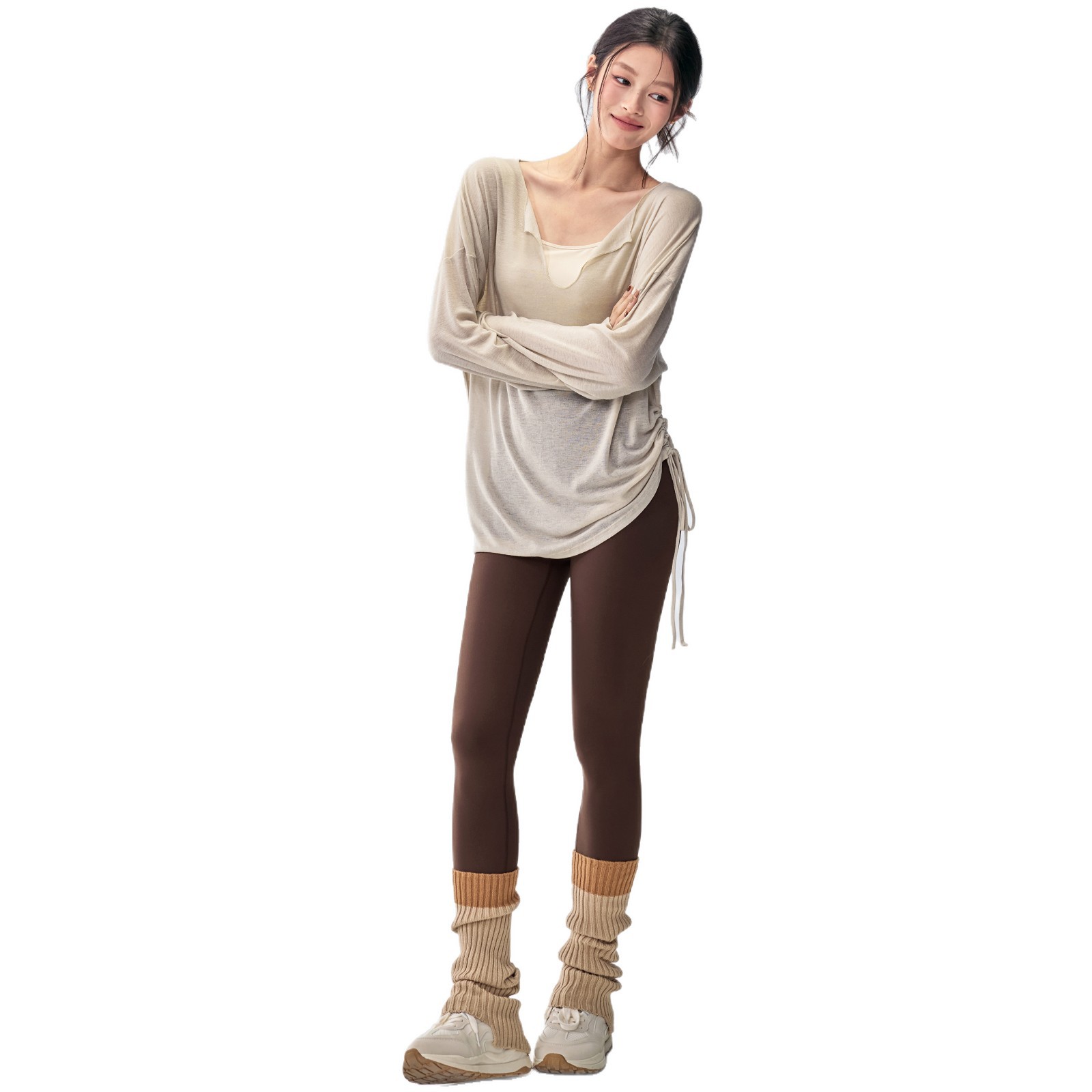 Loose yoga wear for fitness girls, casual and slimming solid-color smock, V-neck breathable long-sleeved Pilates training wear Item Picture