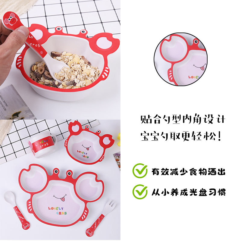 Cartoon children's complementary food plates, melamine shock-resistant and dirt-proof baby compartments bowl and spoon sets, baby complementary food bowls and plates, children's tableware details Picture