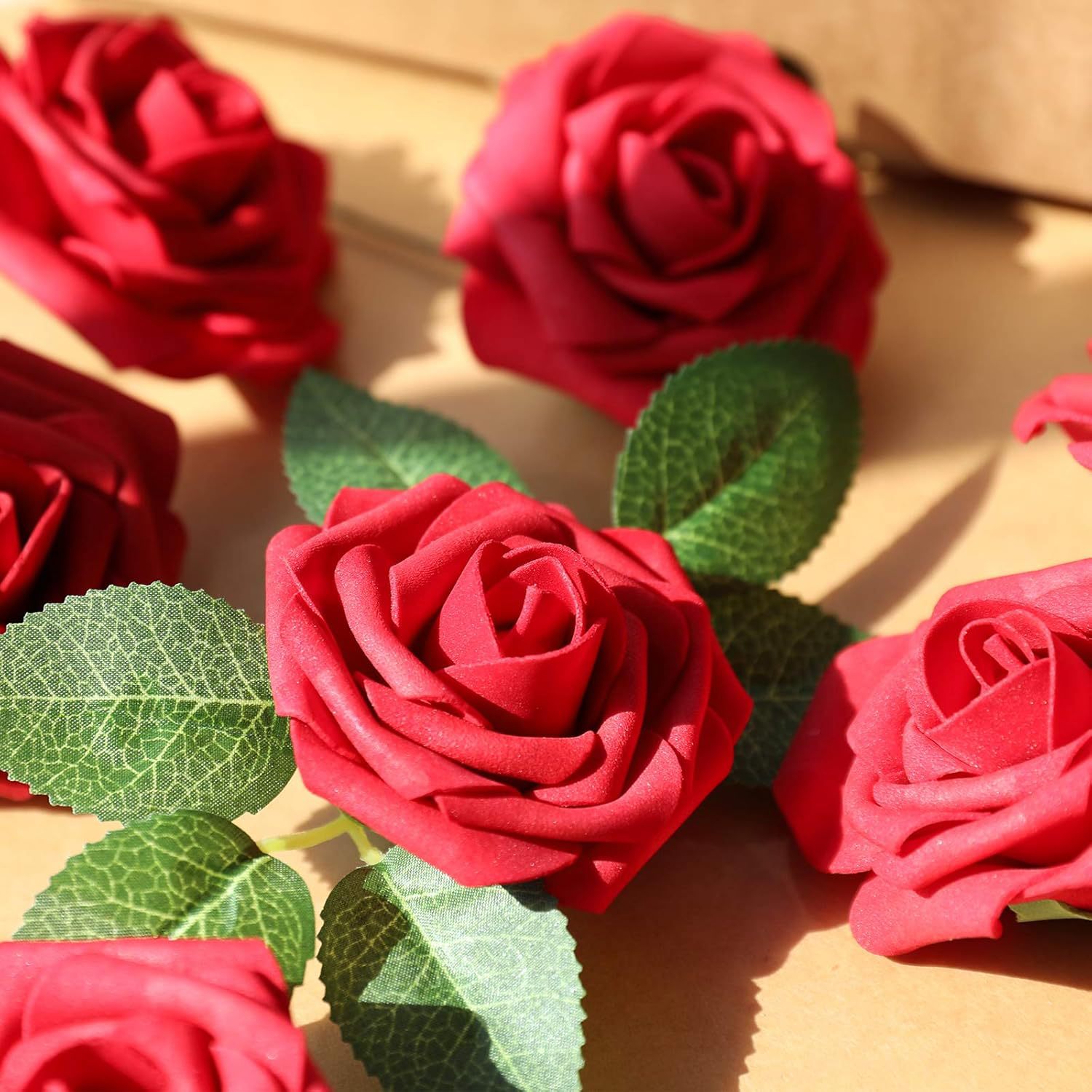 Artificial rose 16/25/30/50 flowers, 8CM, bagged with stem, wedding, office, garden decoration foam flower head and flower stand Specification image
