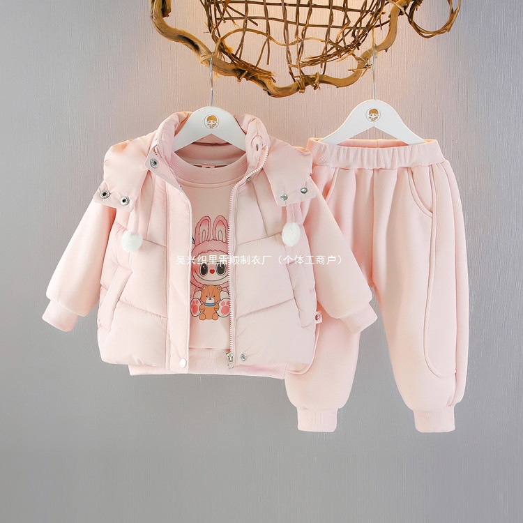 女童2025春季新生儿休闲裤套装加绒三件套B类兔毛绒布服饰