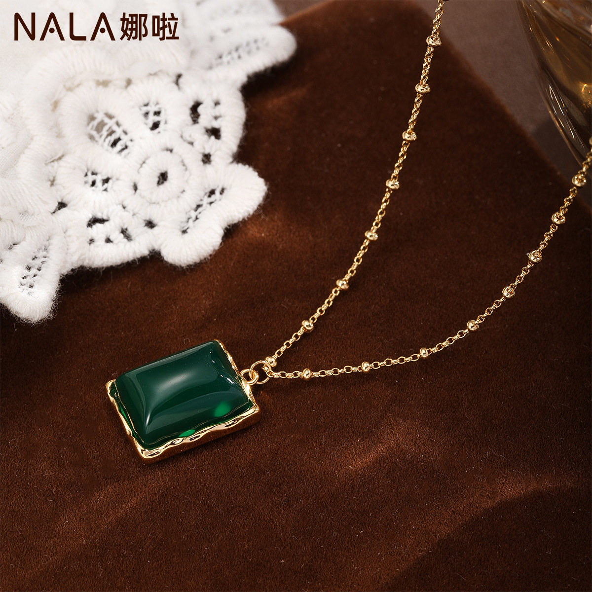 Nala娜啦轻奢绿玛瑙吊坠项链 小众设计锁骨链高级毛衣链配饰