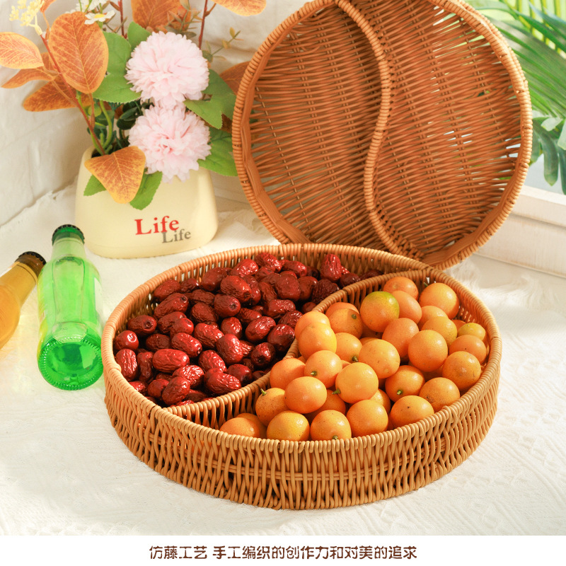Desktop fruit candy, rattan woven hot pot, vegetable and pastry storage basket, creative tableware, commercial compartmentalized plate, self-service barbecue storage basket details Picture